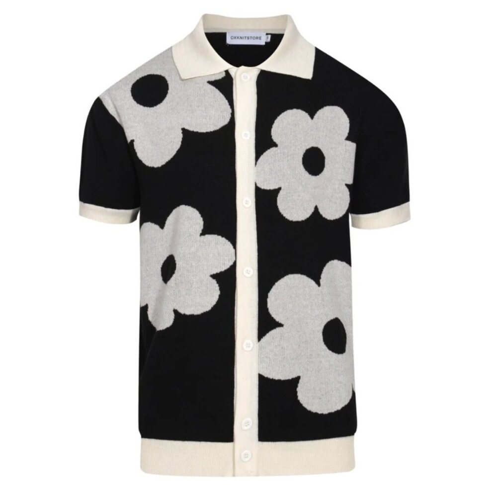Ox Knit Men's 60s Mod Black & White Oversized Floral Knit Button Up Polo NWT